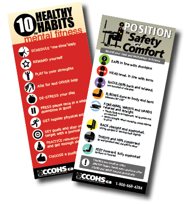 Posters collage: 10 Healthy Habits (mental fitness) and Position for Safety and Comfort